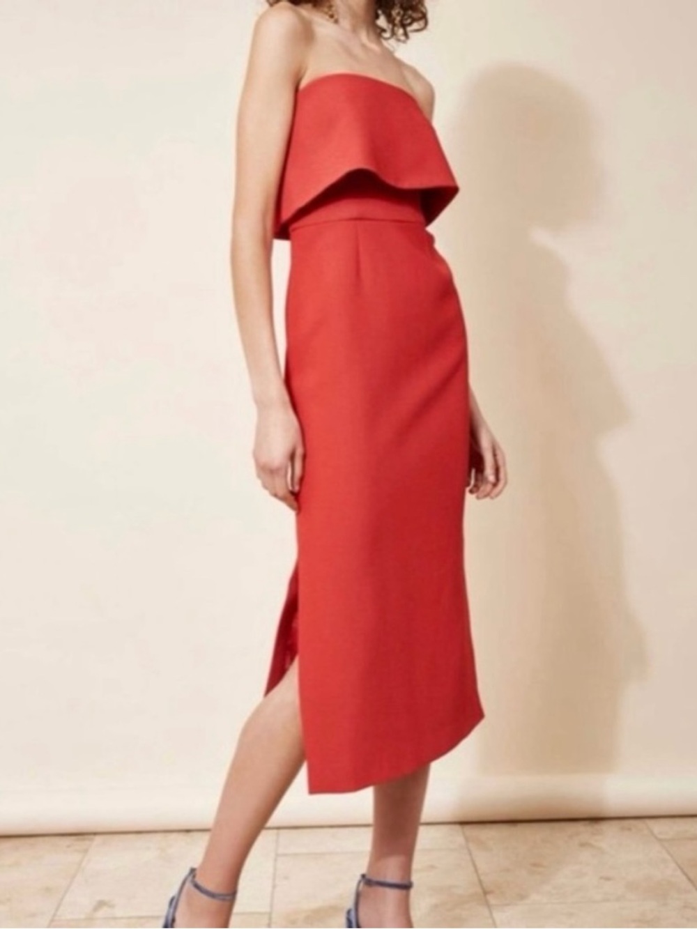 C/MEO Collective Coral-Red Strapless Ruffle Dress
